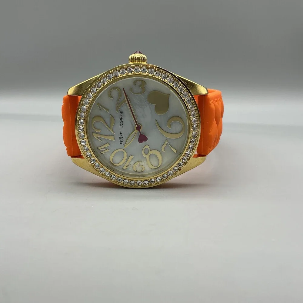 Betsey Johnson Womens Watch 40mm MOP Orange Gold Tone Crystal New Battery
